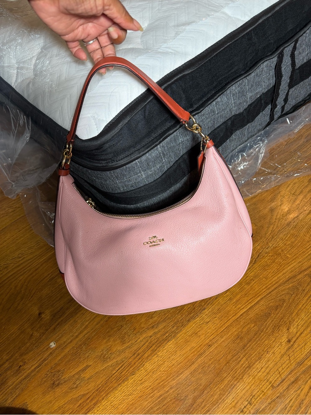 Coach Pink Pebbled Leather Shoulder Bag with Brown Strap